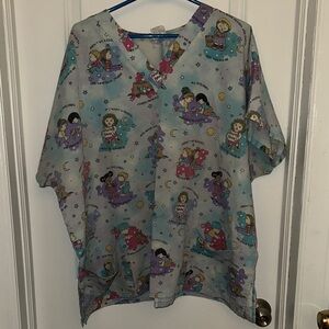 Women’s scrubs Top with Pastel Blue Cartoon Print